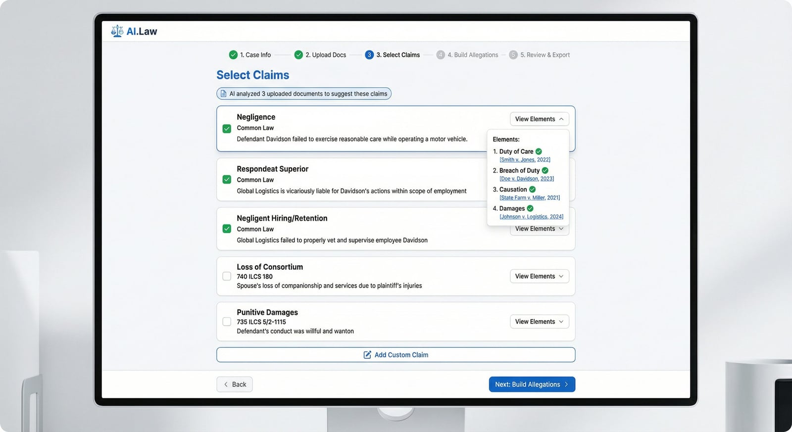 AI.Law discovery drafting showing interrogatories tied to specific claims and elements from the complaint