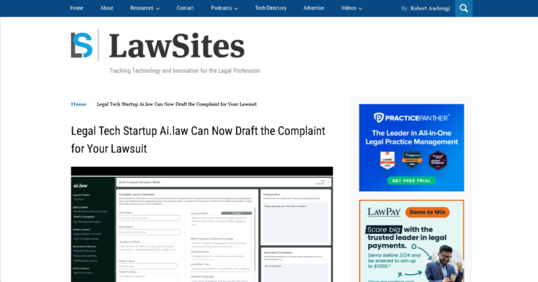 LawNext's website features Ai.law's groundbreaking complaint drafting module.