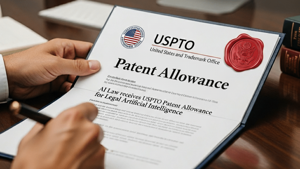 AI Law Receives USPTO Patent Allowance for Legal Artificial Intelligence. Legal AI in the USA, demo of patent certificate.