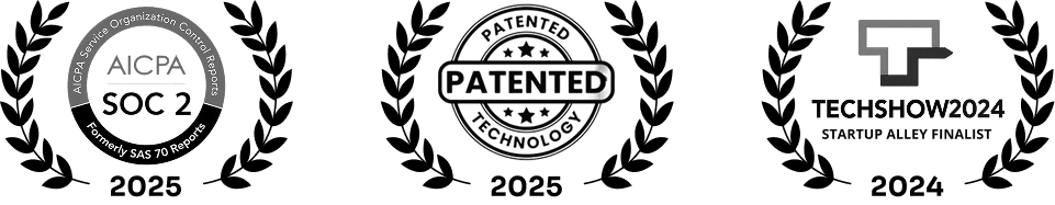 This image displays three logos: The first logo indicates that AI Law is SOC 2 Type 2 certified. The second logo signifies that AI Law is a patented technology. The third logo reveals that AI Law was a finalist for the Startup Ally award at the ABA Tech Show 2024.